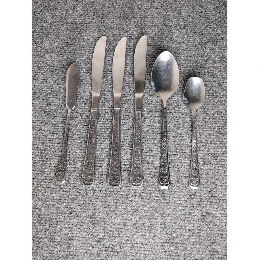 INTERPUR 6 Piece Stainless Steel Flatware FLORENZ Floral Fleur De Lis‎ -  Korea